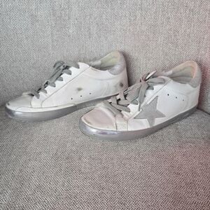 Golden Goose Distressed White Sneakers with Silver Star Accent Size 38